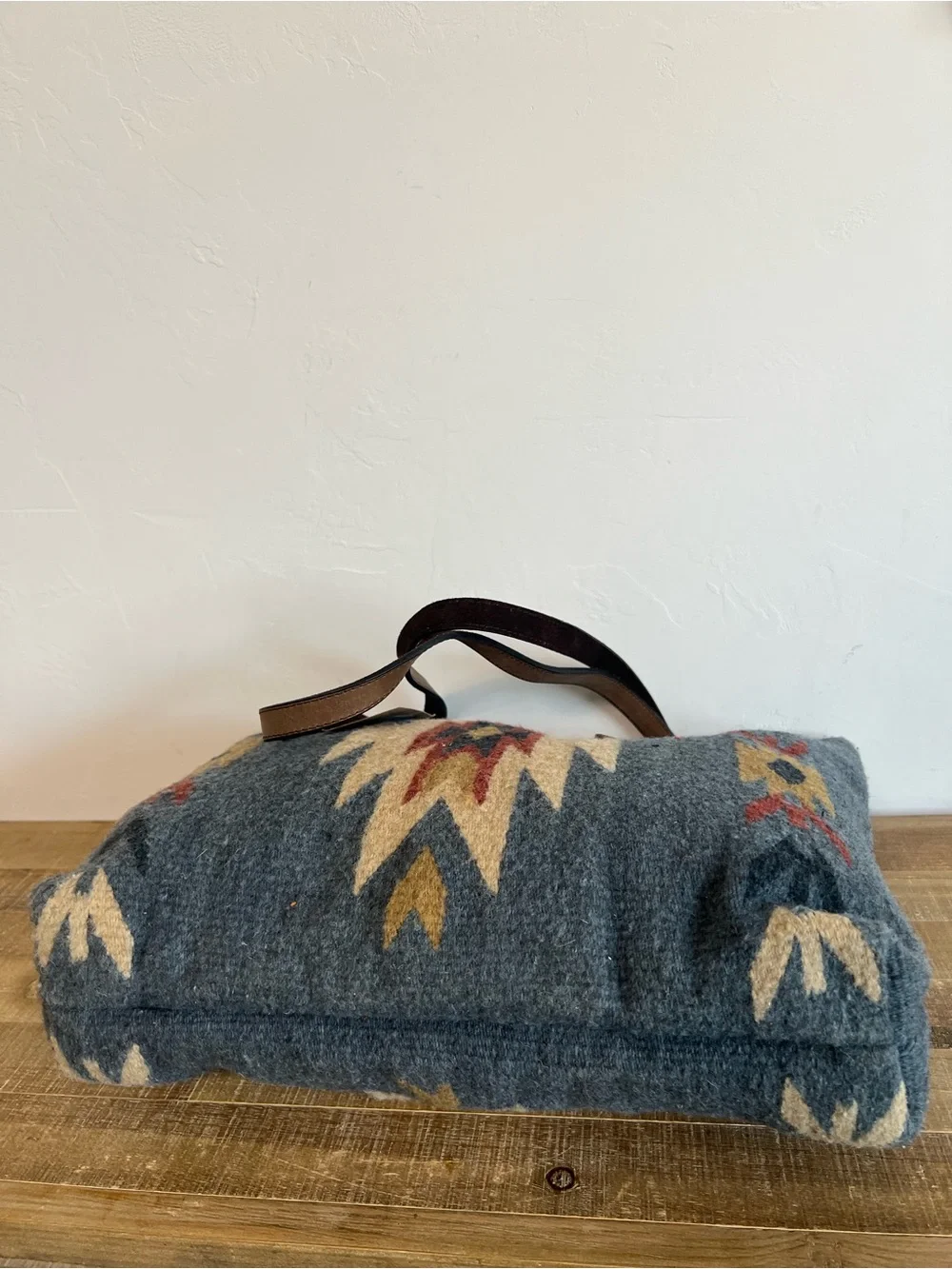 MZ Boho Aztec 100% Wool Tote Bag with Leather Straps - Blue New